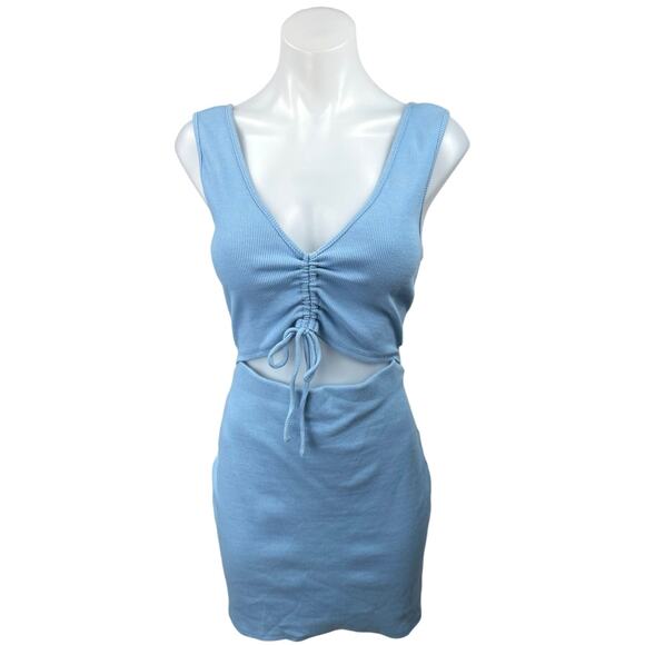 Lulus Go With You Light Blue Ribbed Ruched Cutout Sleeveless Bodycon Dress Sz L - Picture 4 of 9